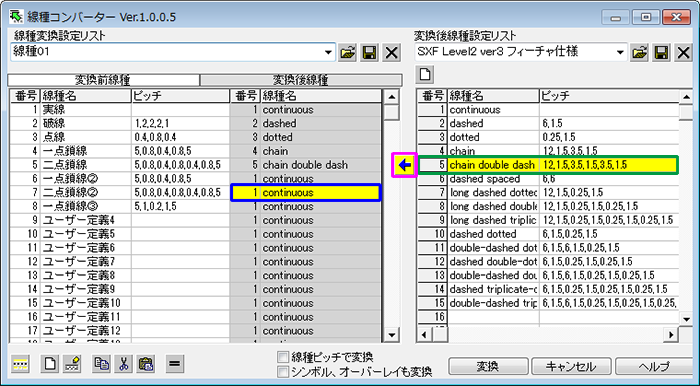 変換後線種リストの変更・設定