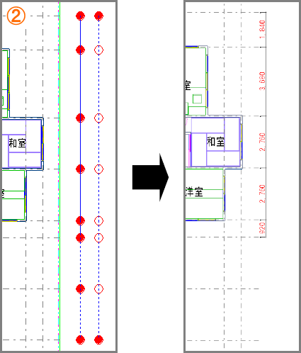実線の位置の寸法線が作成
