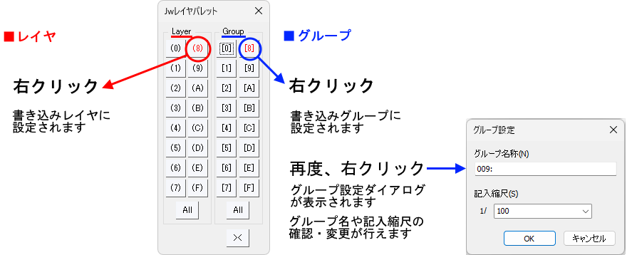 1つのファイルに異なる縮尺が混在する場合、グループごとに記入縮尺を設定