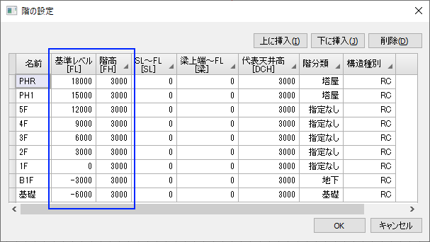 [階の設定]ダイアログ、変更前