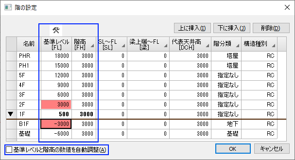[階の設定]ダイアログ、変更後