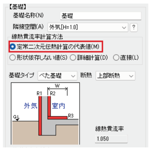 「定常二次元伝熱計算の代表値」による線熱貫流率の設定
