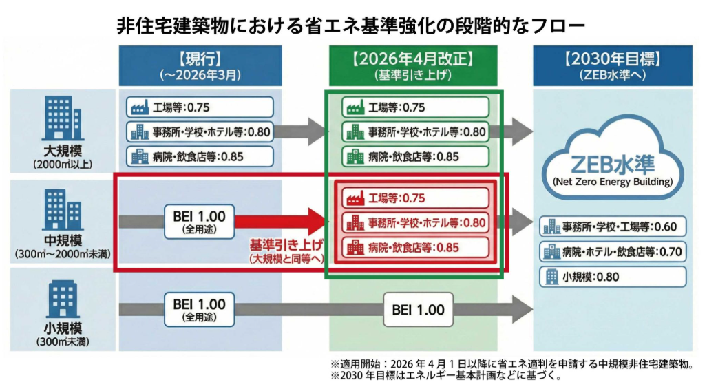 非住宅建築物における省エネ基準強化の段階的なフロー